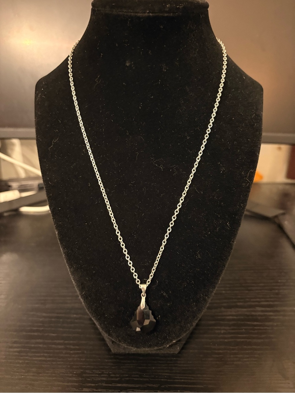 18k White Gold Plated Black Obsidian Pendant on Cable Chain 18”